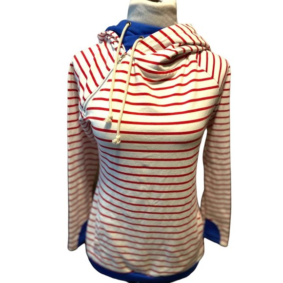 Vanilla Bay Hoodie  Women’s Small Striped with Double Hood Side Zip Red White Bl - Picture 1 of 12